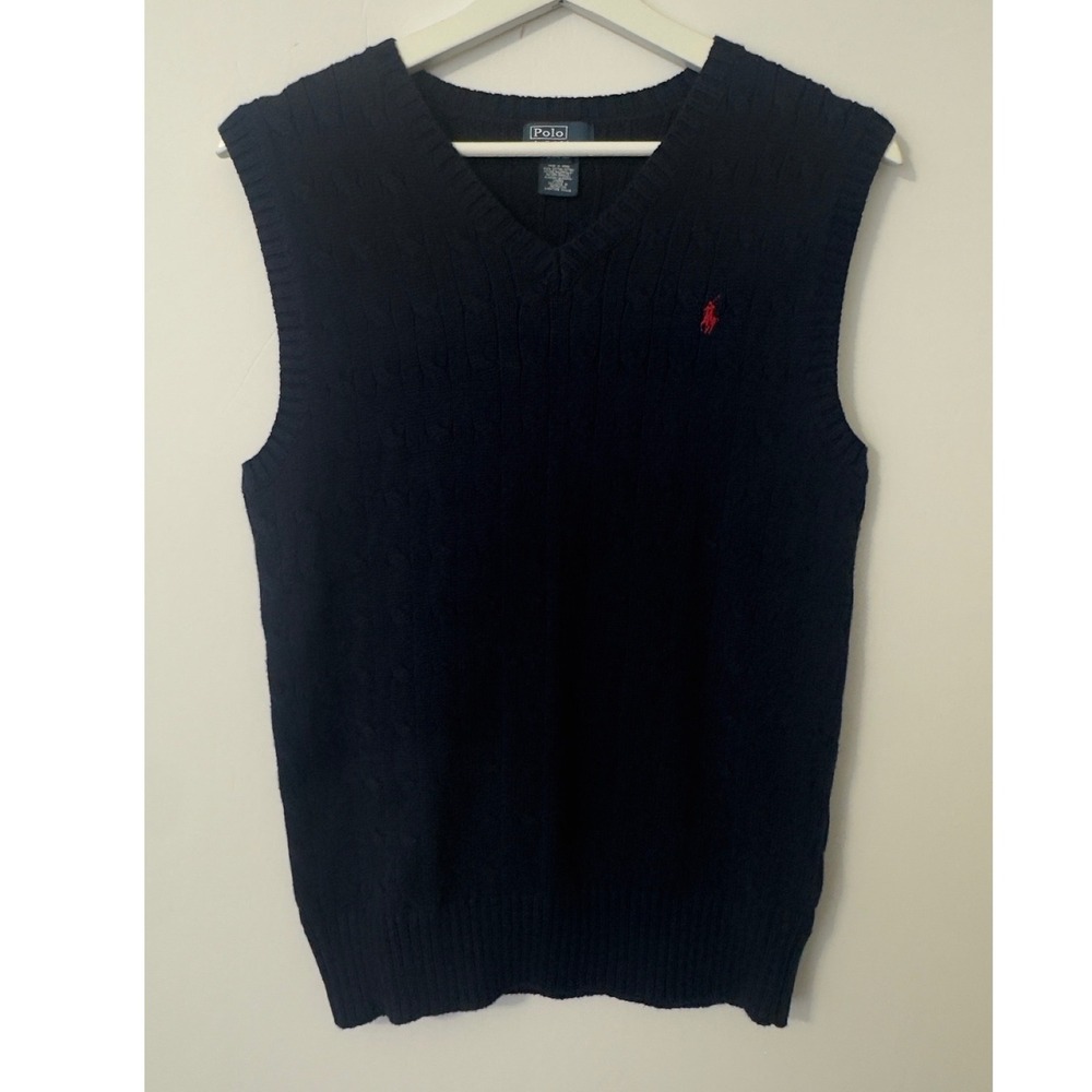 Polo Ralph Lauren Sweater Vest Boys L 14-16 Navy Blue Cable Knit V-Neck Preppy